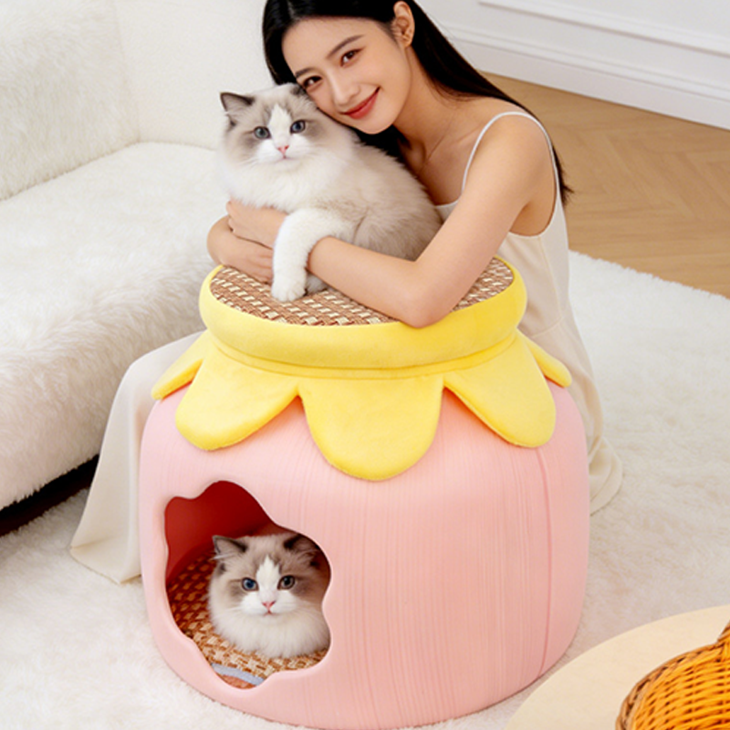 Contemporary Creative Flower Shape Velvet Plastic Faux Rattan Linen Cat Bed For Home
