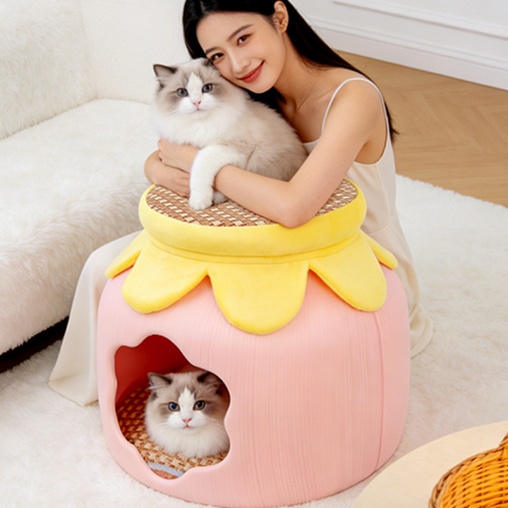Contemporary Creative Flower Shape Velvet Plastic Faux Rattan Linen Cat Bed For Home