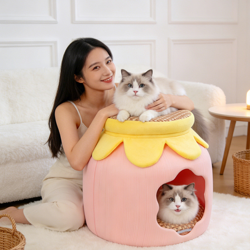 Contemporary Creative Flower Shape Velvet Plastic Faux Rattan Linen Cat Bed For Home