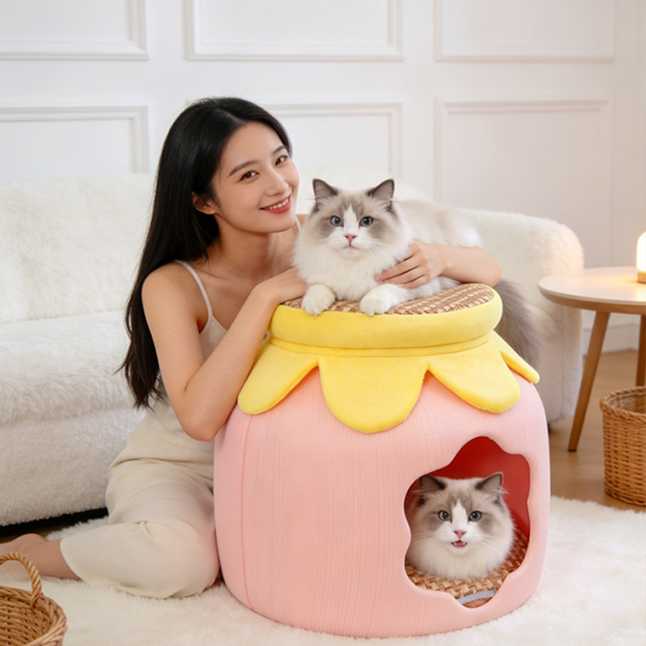 Contemporary Creative Flower Shape Velvet Plastic Faux Rattan Linen Cat Bed For Home