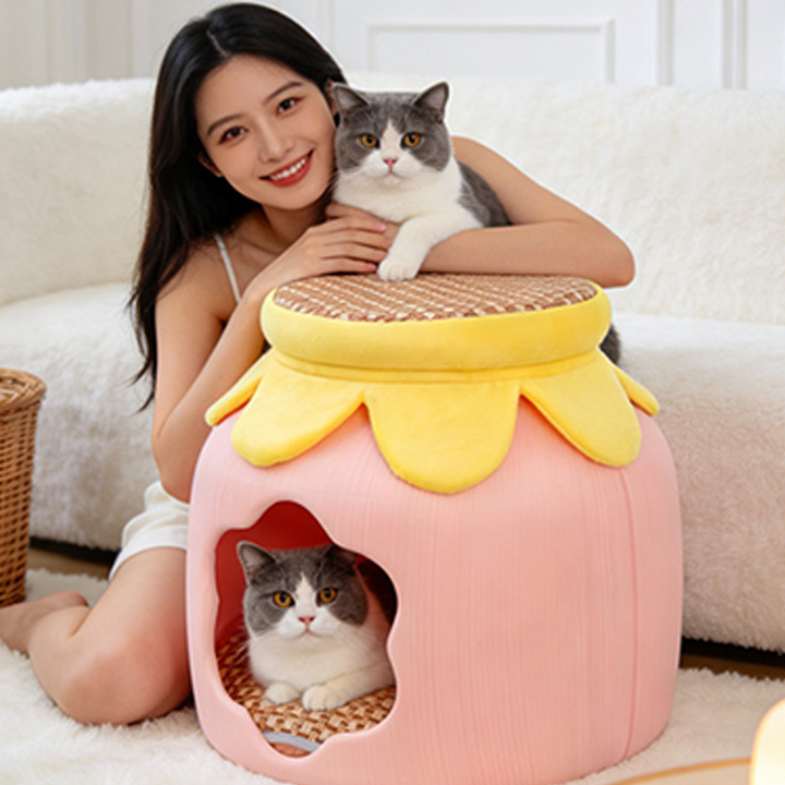 Contemporary Creative Flower Shape Velvet Plastic Faux Rattan Linen Cat Bed For Home