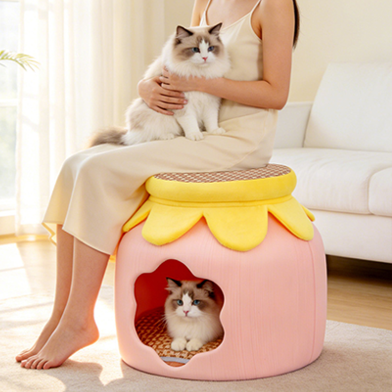 Contemporary Creative Flower Shape Velvet Plastic Faux Rattan Linen Cat Bed For Home