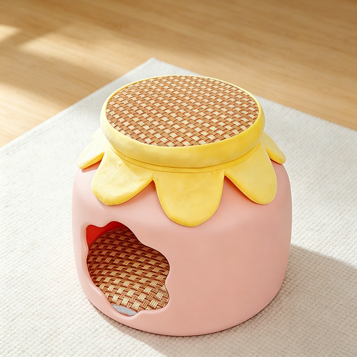 Contemporary Creative Flower Shape Velvet Plastic Faux Rattan Linen Cat Bed For Home