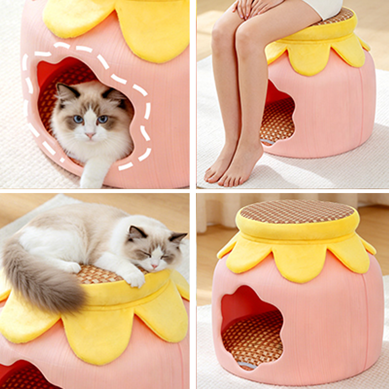 Contemporary Creative Flower Shape Velvet Plastic Faux Rattan Linen Cat Bed For Home