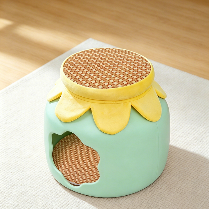 Contemporary Creative Flower Shape Velvet Plastic Faux Rattan Linen Cat Bed For Home