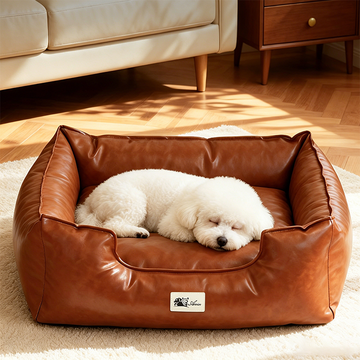 Contemporary Retro Square PU Leather Dog Bed Pet Bed Removable For Living Room