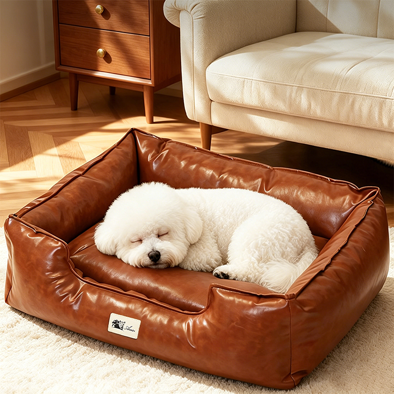 Contemporary Retro Square PU Leather Dog Bed Pet Bed Removable For Living Room