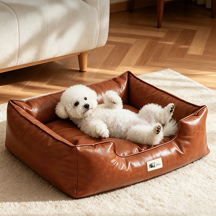 Contemporary Retro Square PU Leather Dog Bed Pet Bed Removable For Living Room
