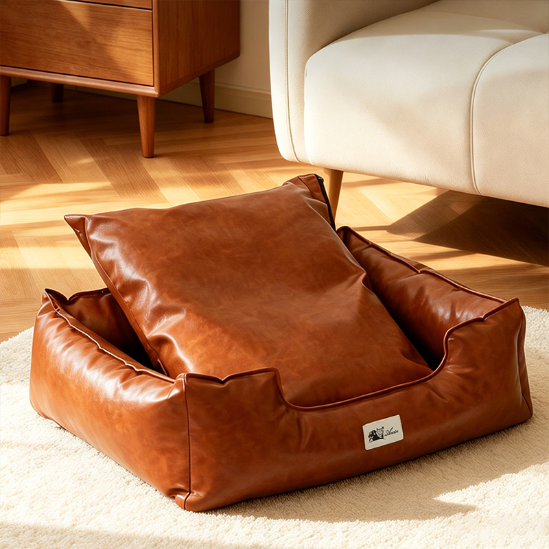 Contemporary Retro Square PU Leather Dog Bed Pet Bed Removable For Living Room