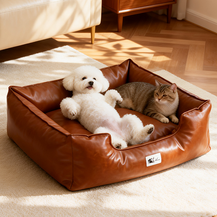 Contemporary Retro Square PU Leather Dog Bed Pet Bed Removable For Living Room
