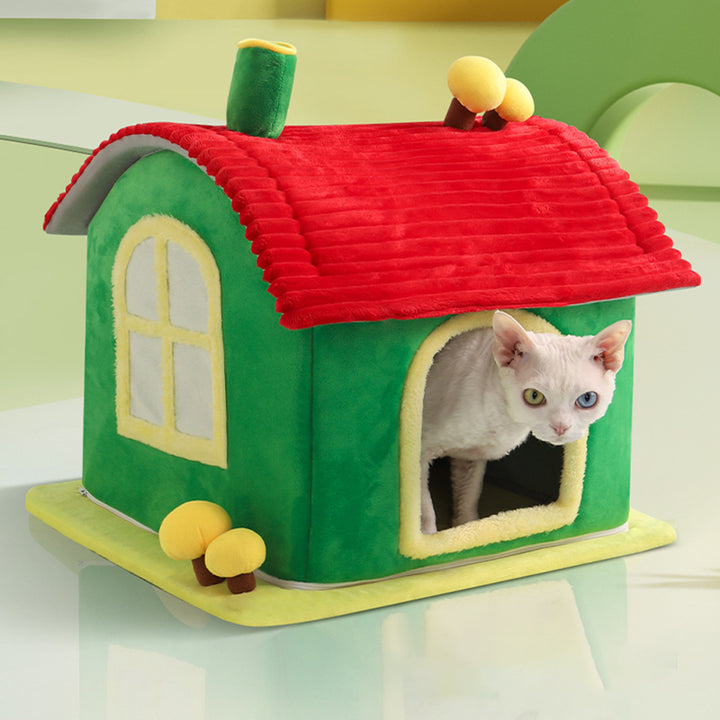 Modern Simplicity Velvet Foam Sponge House-Shaped Movable Cozy Enclosed Cat Bed For Living Room