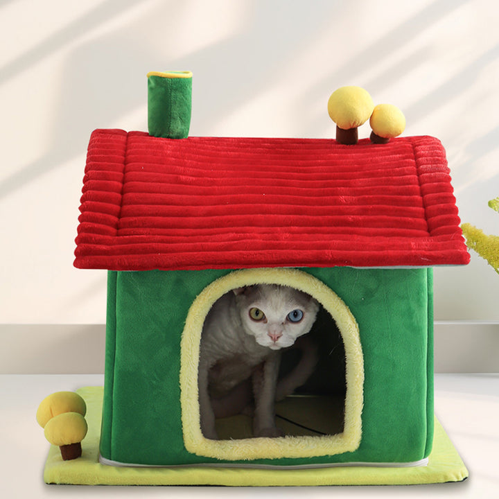Modern Simplicity Velvet Foam Sponge House-Shaped Movable Cozy Enclosed Cat Bed For Living Room