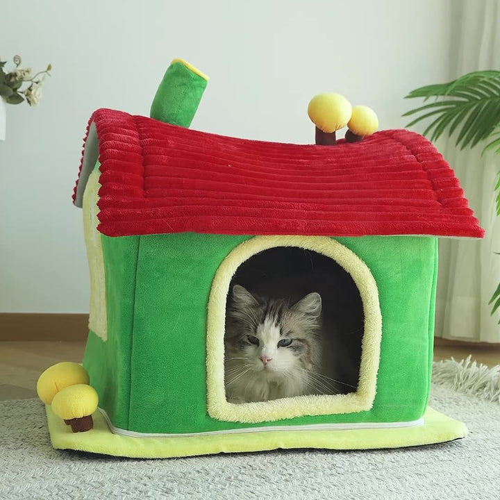 Modern Simplicity Velvet Foam Sponge House-Shaped Movable Cozy Enclosed Cat Bed For Living Room