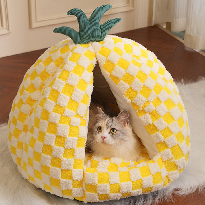 Modern Simplicity Velvet Polyester Fiber Movable Portable Enclosed Pineapple Shaped Cat Bed For Living Room