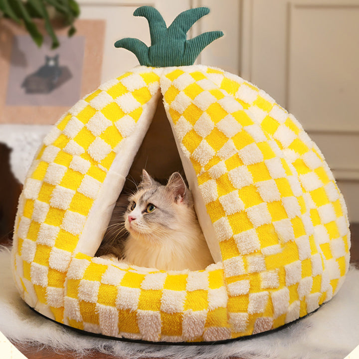 Modern Simplicity Velvet Polyester Fiber Movable Portable Enclosed Pineapple Shaped Cat Bed For Living Room