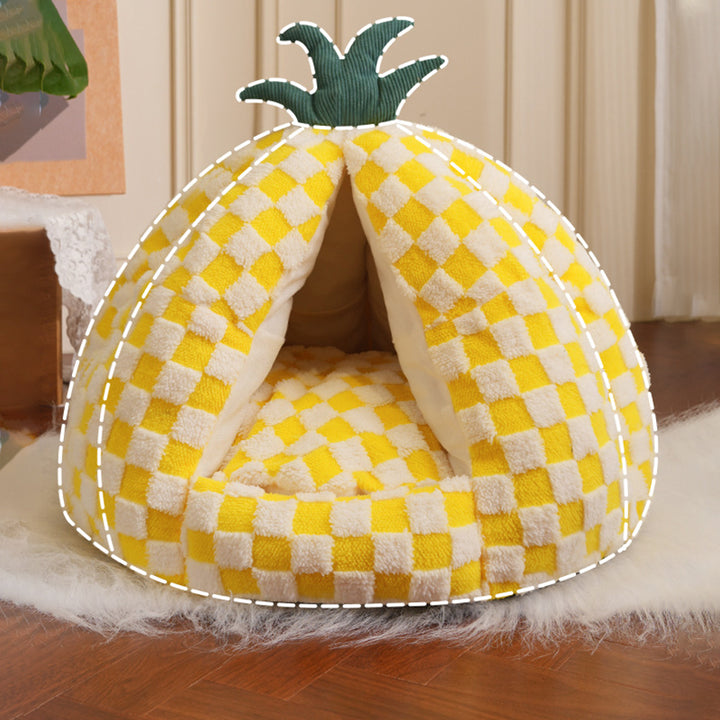 Modern Simplicity Velvet Polyester Fiber Movable Portable Enclosed Pineapple Shaped Cat Bed For Living Room