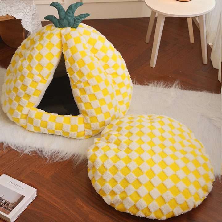 Modern Simplicity Velvet Polyester Fiber Movable Portable Enclosed Pineapple Shaped Cat Bed For Living Room