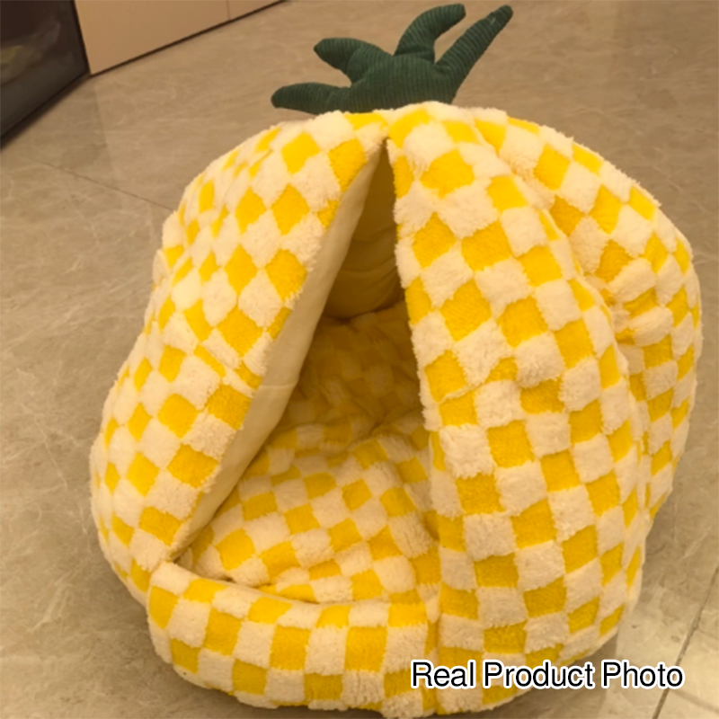 Modern Simplicity Velvet Polyester Fiber Movable Portable Enclosed Pineapple Shaped Cat Bed For Living Room