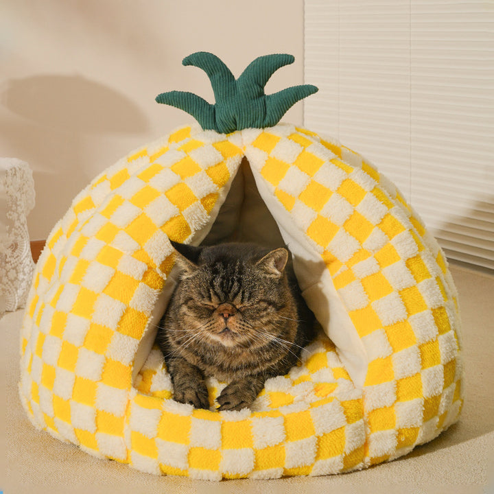 Modern Simplicity Velvet Polyester Fiber Movable Portable Enclosed Pineapple Shaped Cat Bed For Living Room