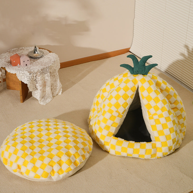 Modern Simplicity Velvet Polyester Fiber Movable Portable Enclosed Pineapple Shaped Cat Bed For Living Room