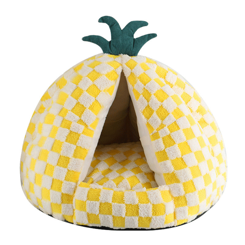 Modern Simplicity Velvet Polyester Fiber Movable Portable Enclosed Pineapple Shaped Cat Bed For Living Room