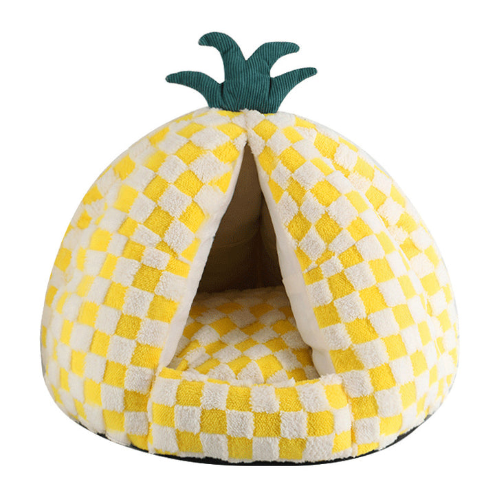 Modern Simplicity Velvet Polyester Fiber Movable Portable Enclosed Pineapple Shaped Cat Bed For Living Room