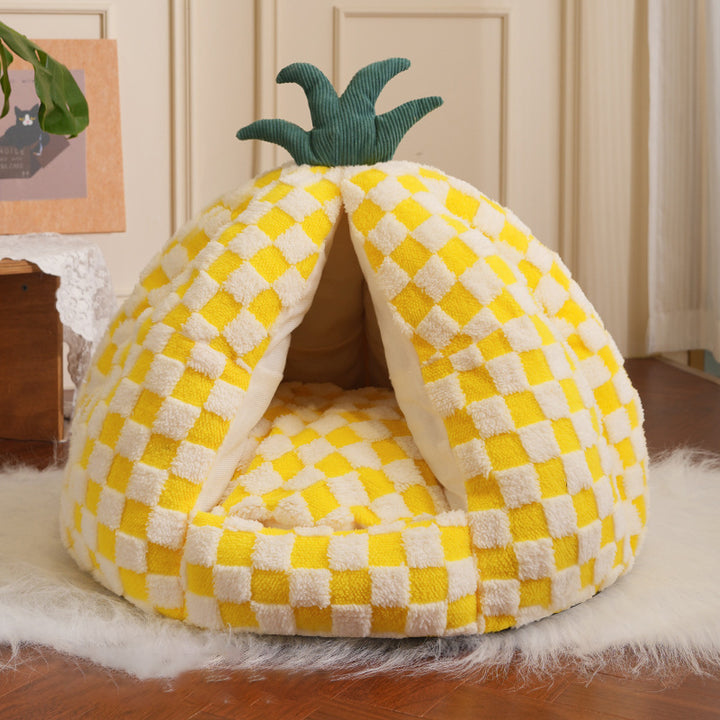 Modern Simplicity Velvet Polyester Fiber Movable Portable Enclosed Pineapple Shaped Cat Bed For Living Room