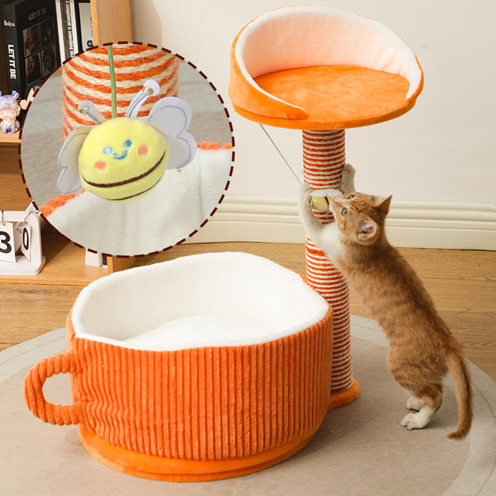 Modern Simplicity Velvet Sisal MDF Paper Tube Movable Teacup-Shaped 2-Tier Cat Tree &amp; Condo For Living Room