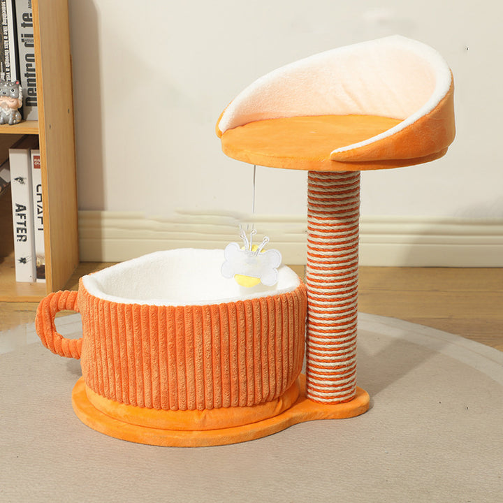 Modern Simplicity Velvet Sisal MDF Paper Tube Movable Teacup-Shaped 2-Tier Cat Tree &amp; Condo For Living Room