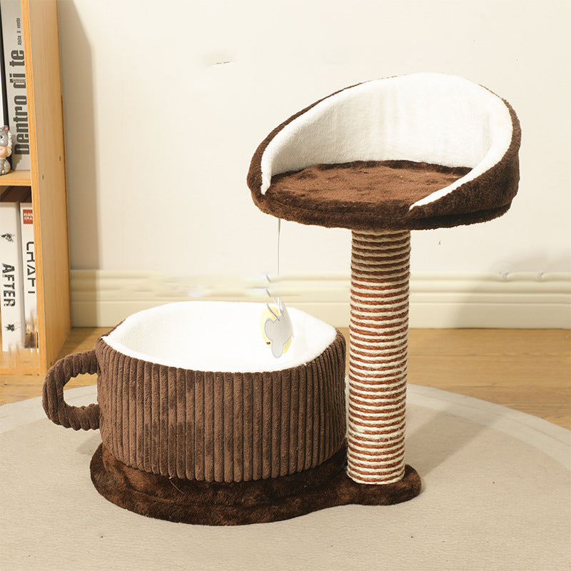 Modern Simplicity Velvet Sisal MDF Paper Tube Movable Teacup-Shaped 2-Tier Cat Tree &amp; Condo For Living Room
