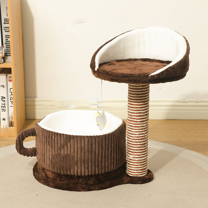 Modern Simplicity Velvet Sisal MDF Paper Tube Movable Teacup-Shaped 2-Tier Cat Tree &amp; Condo For Living Room