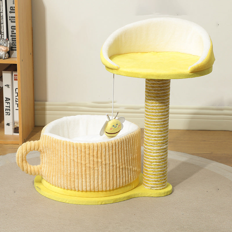 Modern Simplicity Velvet Sisal MDF Paper Tube Movable Teacup-Shaped 2-Tier Cat Tree &amp; Condo For Living Room