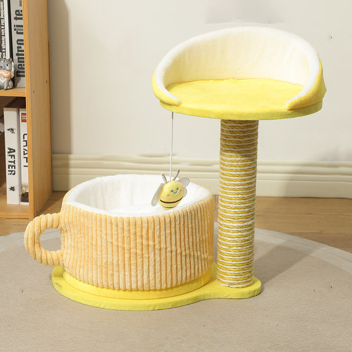 Modern Simplicity Velvet Sisal MDF Paper Tube Movable Teacup-Shaped 2-Tier Cat Tree &amp; Condo For Living Room