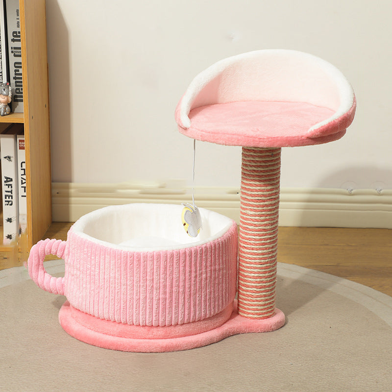 Modern Simplicity Velvet Sisal MDF Paper Tube Movable Teacup-Shaped 2-Tier Cat Tree &amp; Condo For Living Room