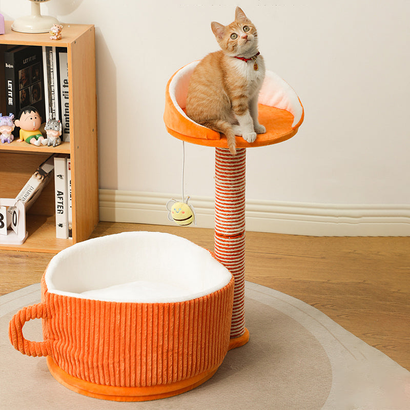 Modern Simplicity Velvet Sisal MDF Paper Tube Movable Teacup-Shaped 2-Tier Cat Tree &amp; Condo For Living Room
