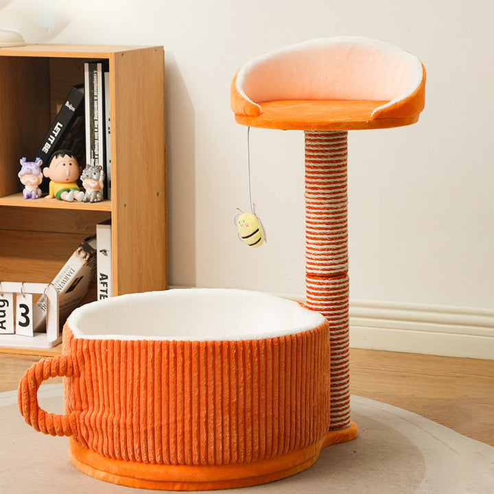 Modern Simplicity Velvet Sisal MDF Paper Tube Movable Teacup-Shaped 2-Tier Cat Tree &amp; Condo For Living Room