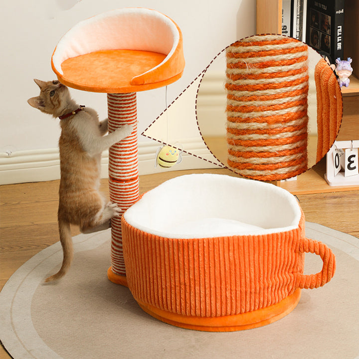 Modern Simplicity Velvet Sisal MDF Paper Tube Movable Teacup-Shaped 2-Tier Cat Tree &amp; Condo For Living Room