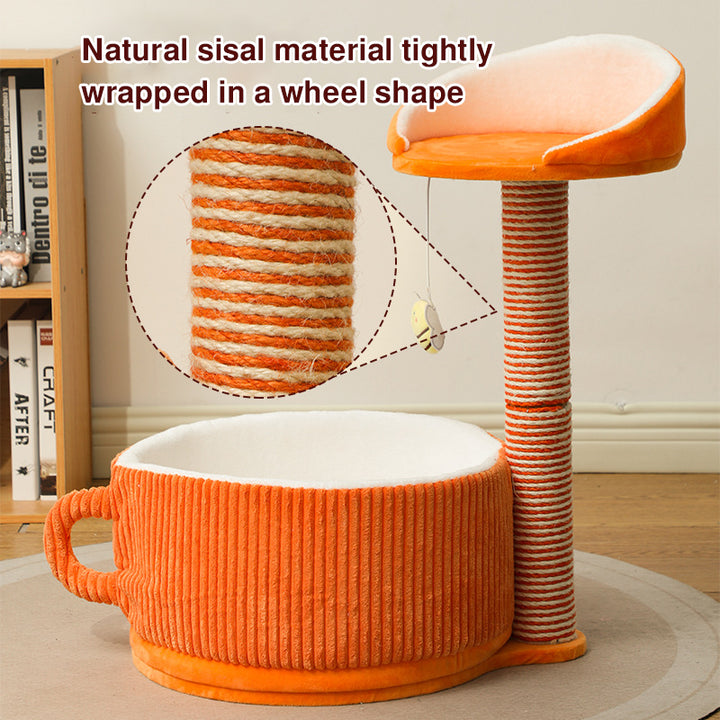 Modern Simplicity Velvet Sisal MDF Paper Tube Movable Teacup-Shaped 2-Tier Cat Tree &amp; Condo For Living Room