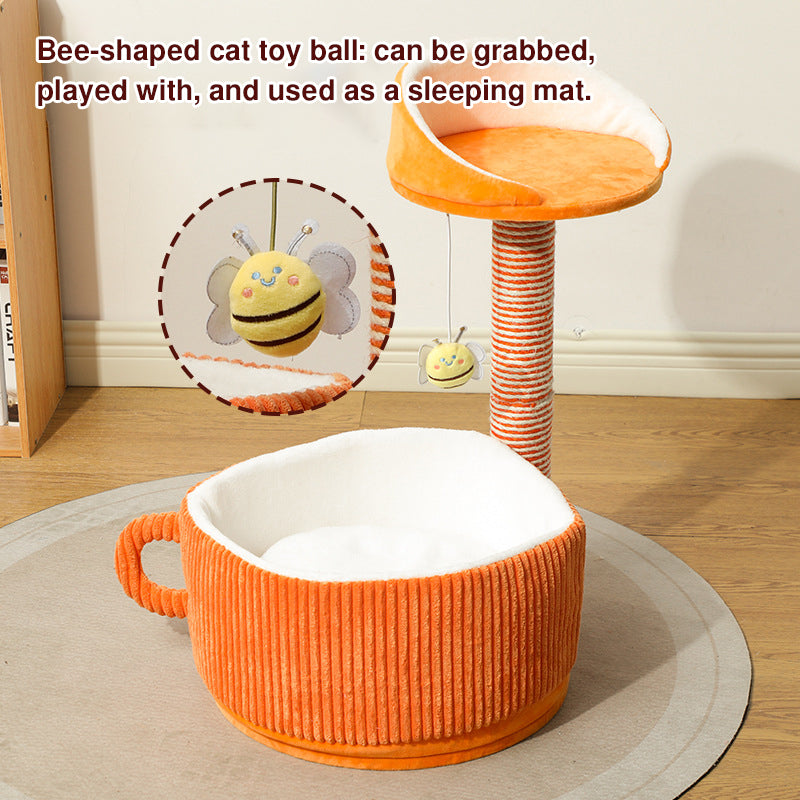 Modern Simplicity Velvet Sisal MDF Paper Tube Movable Teacup-Shaped 2-Tier Cat Tree &amp; Condo For Living Room