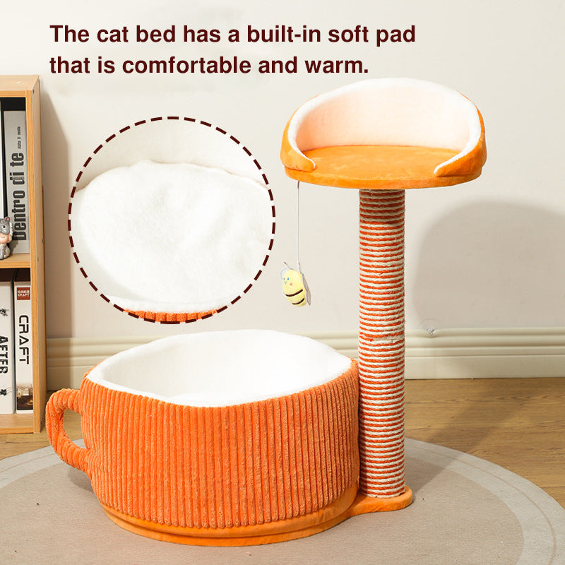 Modern Simplicity Velvet Sisal MDF Paper Tube Movable Teacup-Shaped 2-Tier Cat Tree &amp; Condo For Living Room