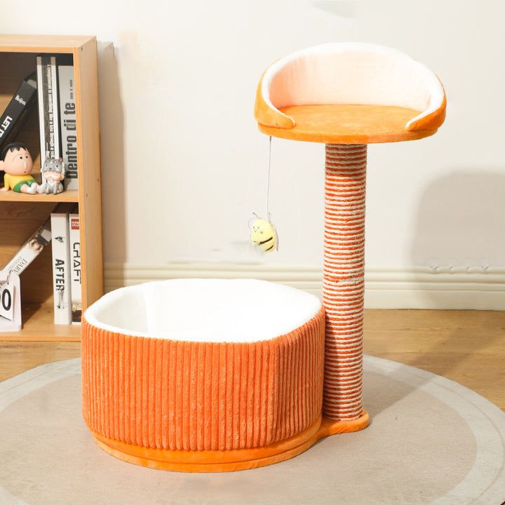 Modern Simplicity Velvet Sisal MDF Paper Tube Movable Teacup-Shaped 2-Tier Cat Tree &amp; Condo For Living Room