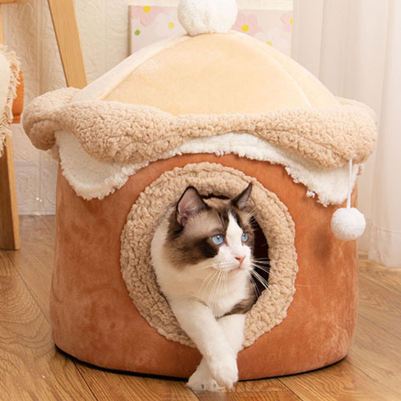 Modern Simplicity Crystal Velvet Brushed Fabric PP Cotton Decorative House-Shaped Cat Bed For Living Room
