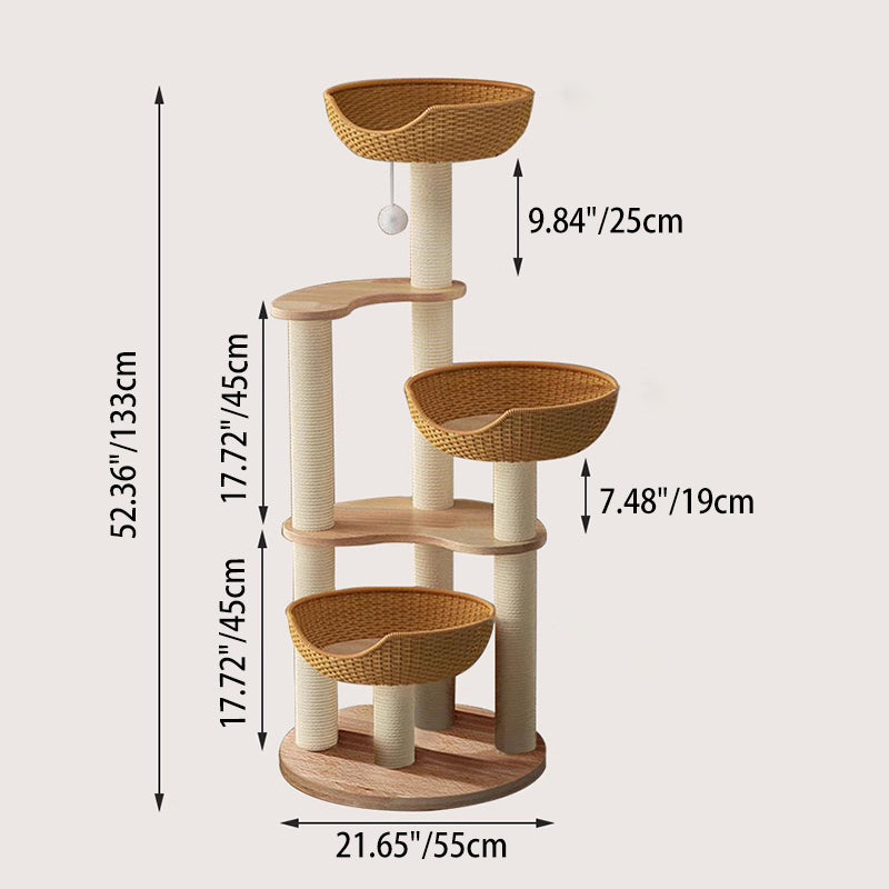 Modern Simplicity Rubberwood &amp; Eucalyptus Wood Faux Rattan Weaving Space-Saving 4-Tier Cat Tree &amp; Condo For Living Room