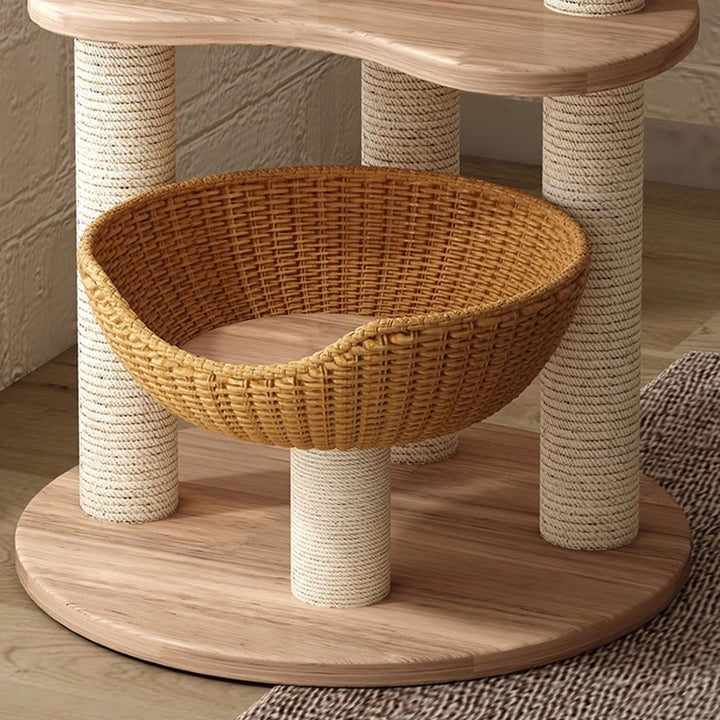 Modern Simplicity Rubberwood &amp; Eucalyptus Wood Faux Rattan Weaving Space-Saving 4-Tier Cat Tree &amp; Condo For Living Room