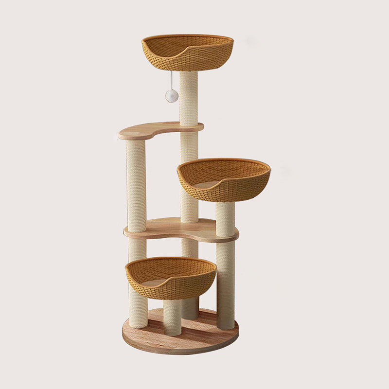 Modern Simplicity Rubberwood &amp; Eucalyptus Wood Faux Rattan Weaving Space-Saving 4-Tier Cat Tree &amp; Condo For Living Room