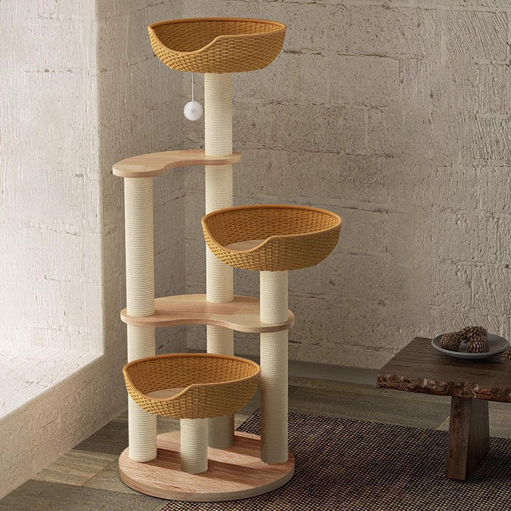 Modern Simplicity Rubberwood &amp; Eucalyptus Wood Faux Rattan Weaving Space-Saving 4-Tier Cat Tree &amp; Condo For Living Room