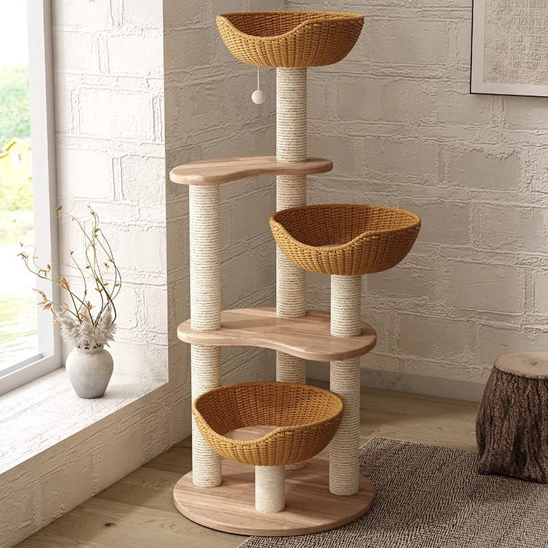 Modern Simplicity Rubberwood &amp; Eucalyptus Wood Faux Rattan Weaving Space-Saving 4-Tier Cat Tree &amp; Condo For Living Room