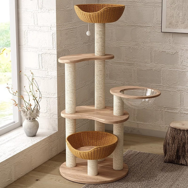 Modern Simplicity Rubberwood &amp; Eucalyptus Wood Faux Rattan Weaving Space-Saving 4-Tier Cat Tree &amp; Condo For Living Room