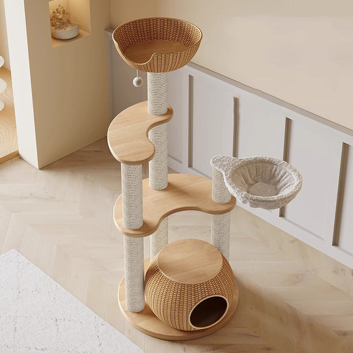 Modern Simplicity Rubberwood &amp; Eucalyptus Wood Faux Rattan Weaving Space-Saving 4-Tier Cat Tree &amp; Condo For Living Room