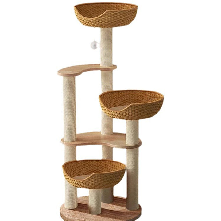 Modern Simplicity Rubberwood &amp; Eucalyptus Wood Faux Rattan Weaving Space-Saving 4-Tier Cat Tree &amp; Condo For Living Room